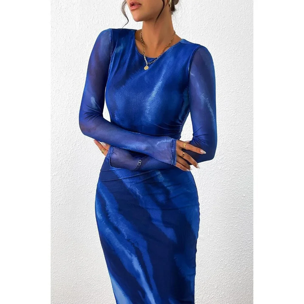 Women's Blue Watercolour Long Sleeve Floral Print Tight Fitted Bodycon Maxi Dres